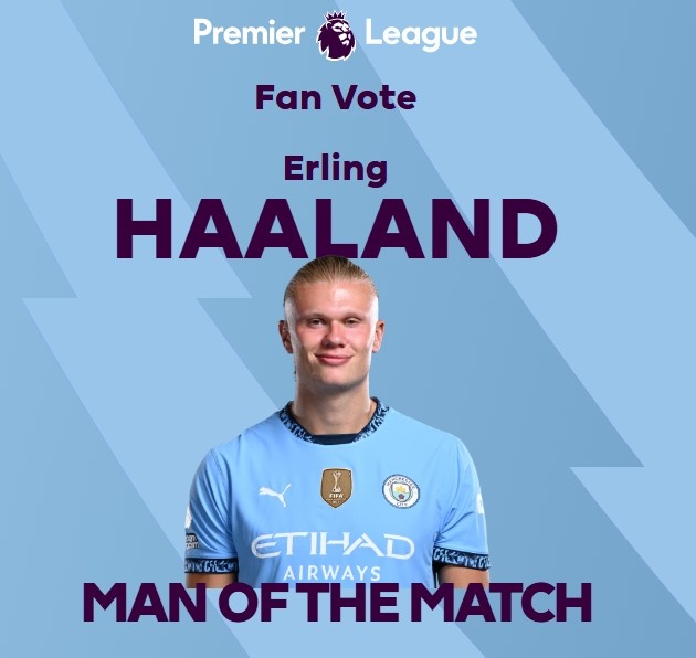 打進致勝球！英超官方：哈蘭德當選曼城1-0熱刺全場最佳球員